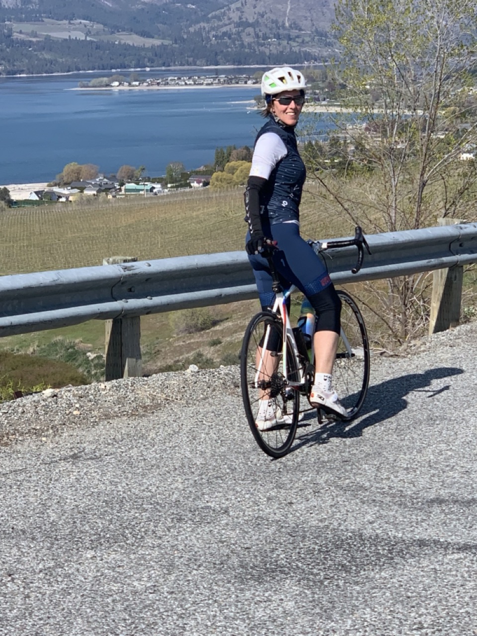 Pam riding around Lake Chelan in Maloja kit.